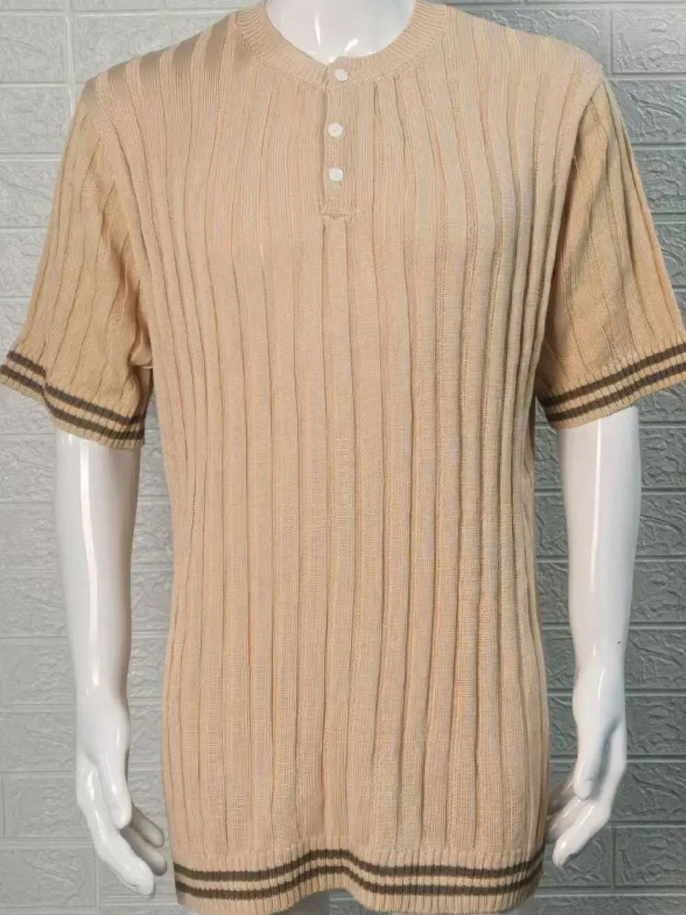 Men's Plus Size Ribbed Quarter Button Round Neck Striped Trim Polo, image 4