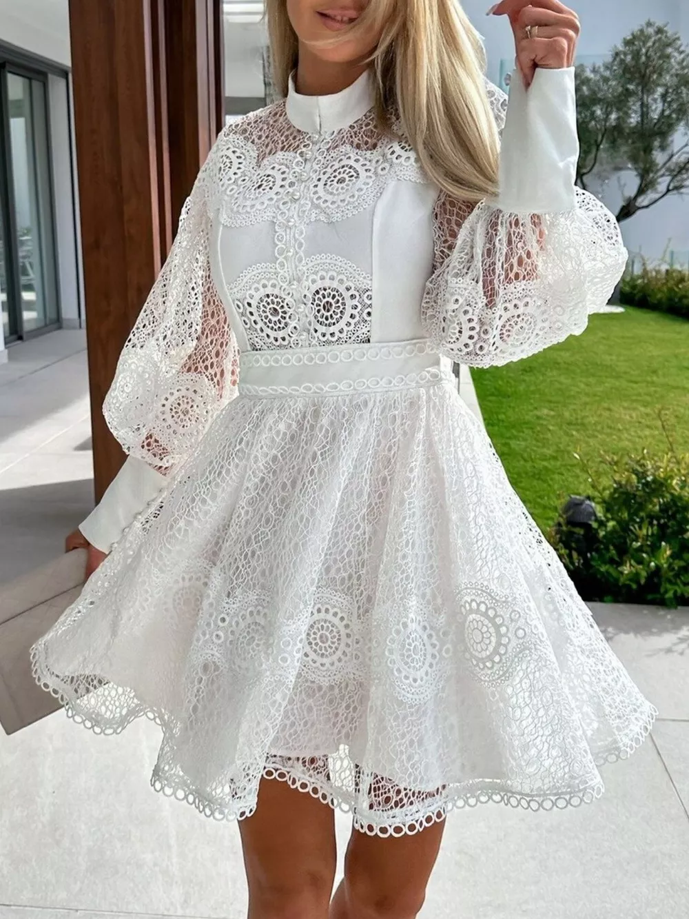Lace Lantern Sleeve Mini Dress, image 2