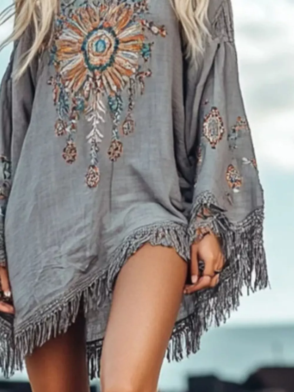 Fringe Hem Long Sleeve Mini Dress, image 3