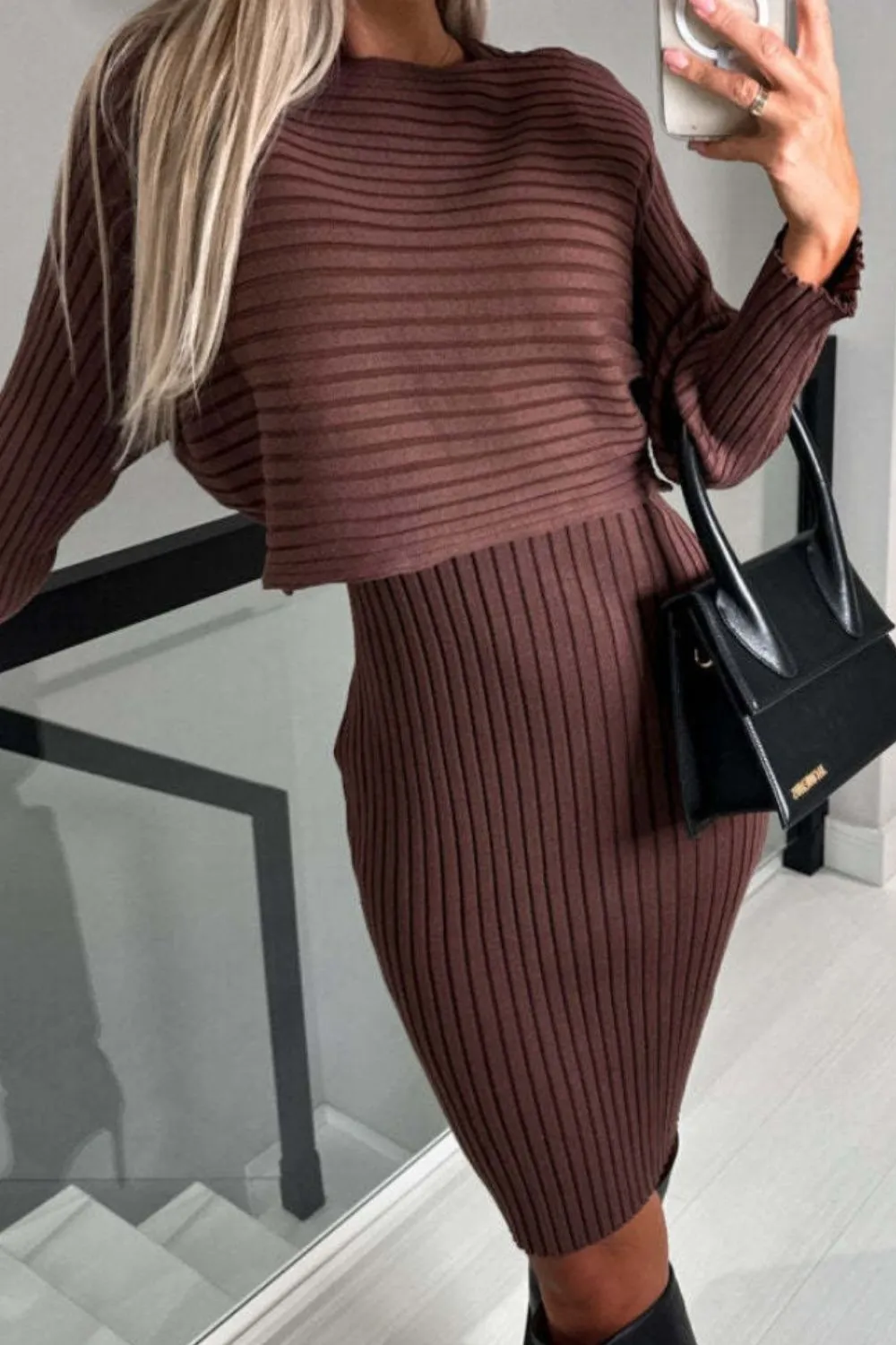 Ribbed Round Neck Top and Cami Dress Sweater Set, image 6
