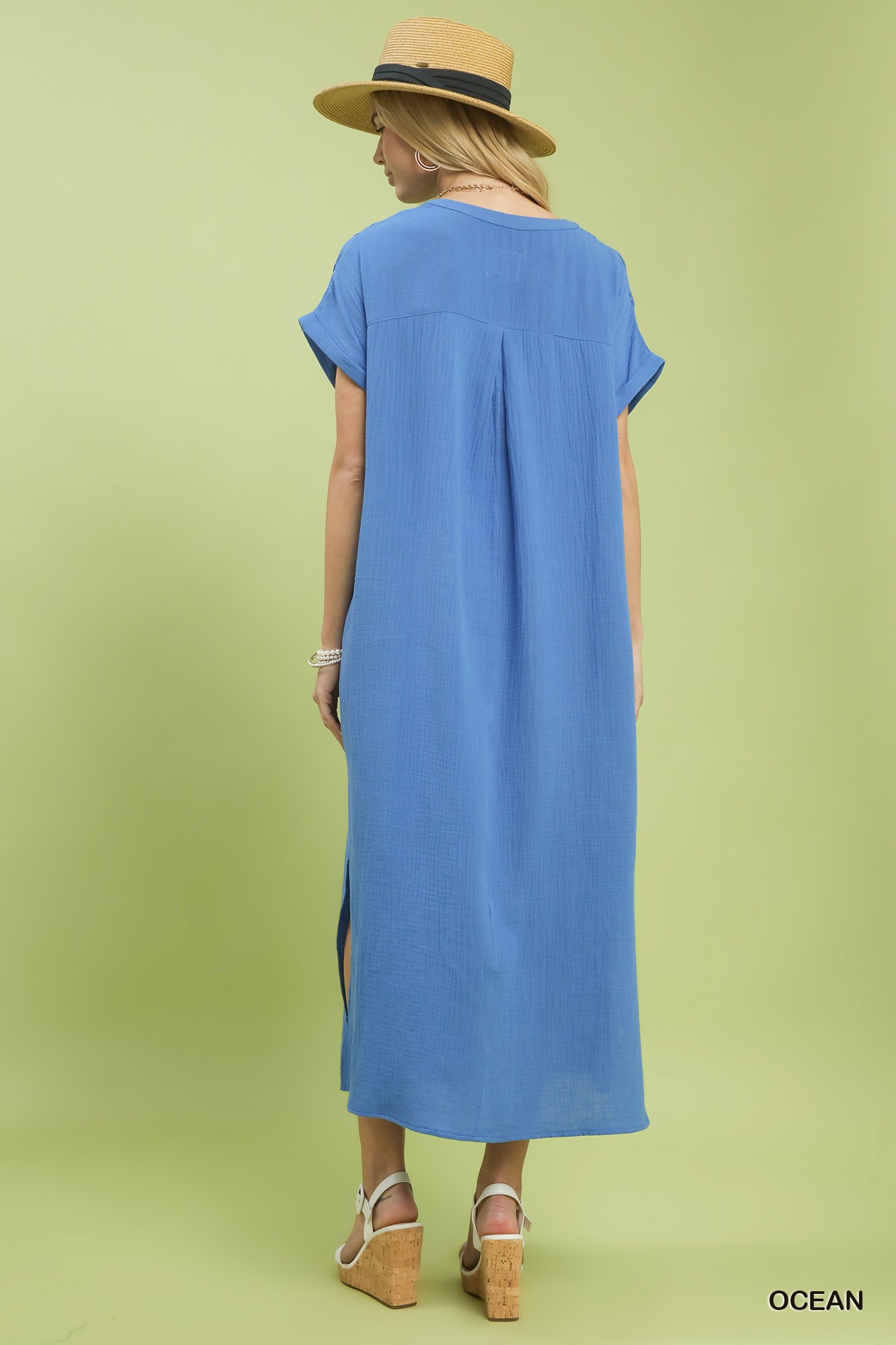 Button-Front Gauze Midi Dress with Lace Detail, image 2