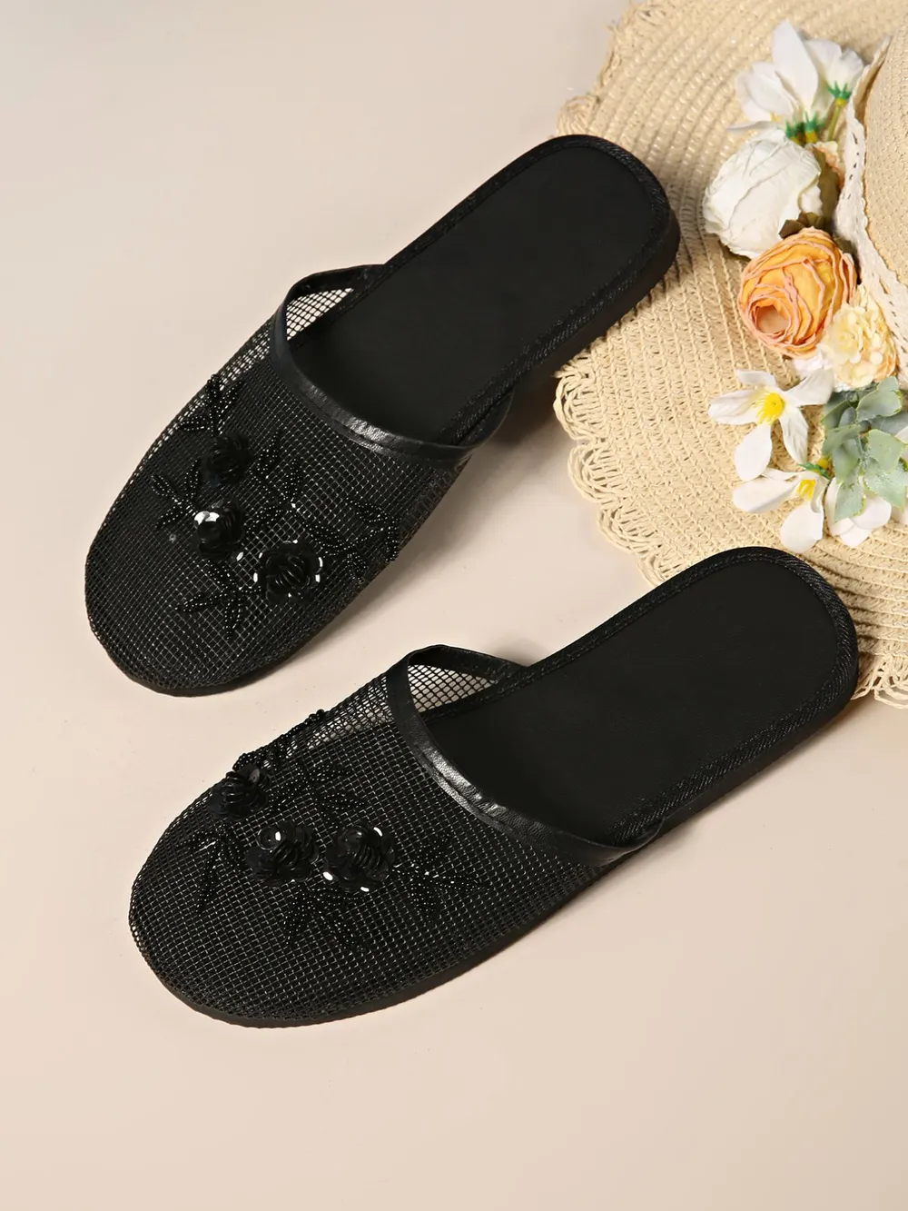 Mesh Floral Embroidered Slide Sandals, image 3
