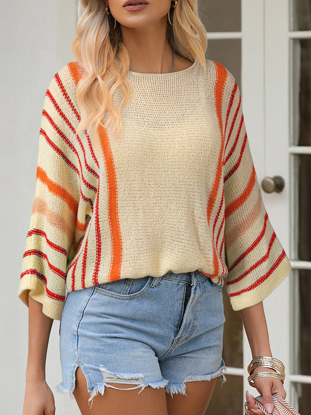 Striped Boat Neck Three-Quarter Sleeve Knit Top, image 4