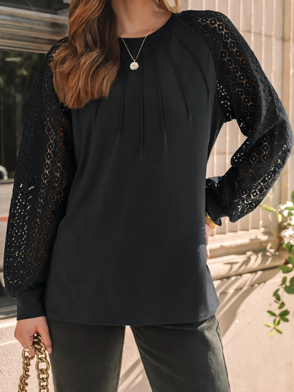Eyelet Round Neck Long Sleeve Blouse, image 2