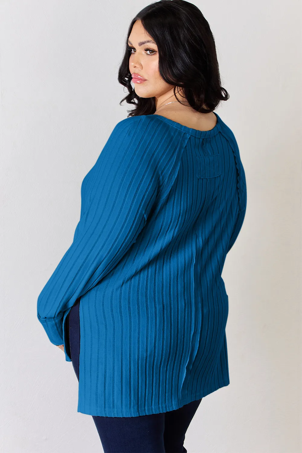 Full Size Ribbed Round Neck Slit T-Shirt, image 3