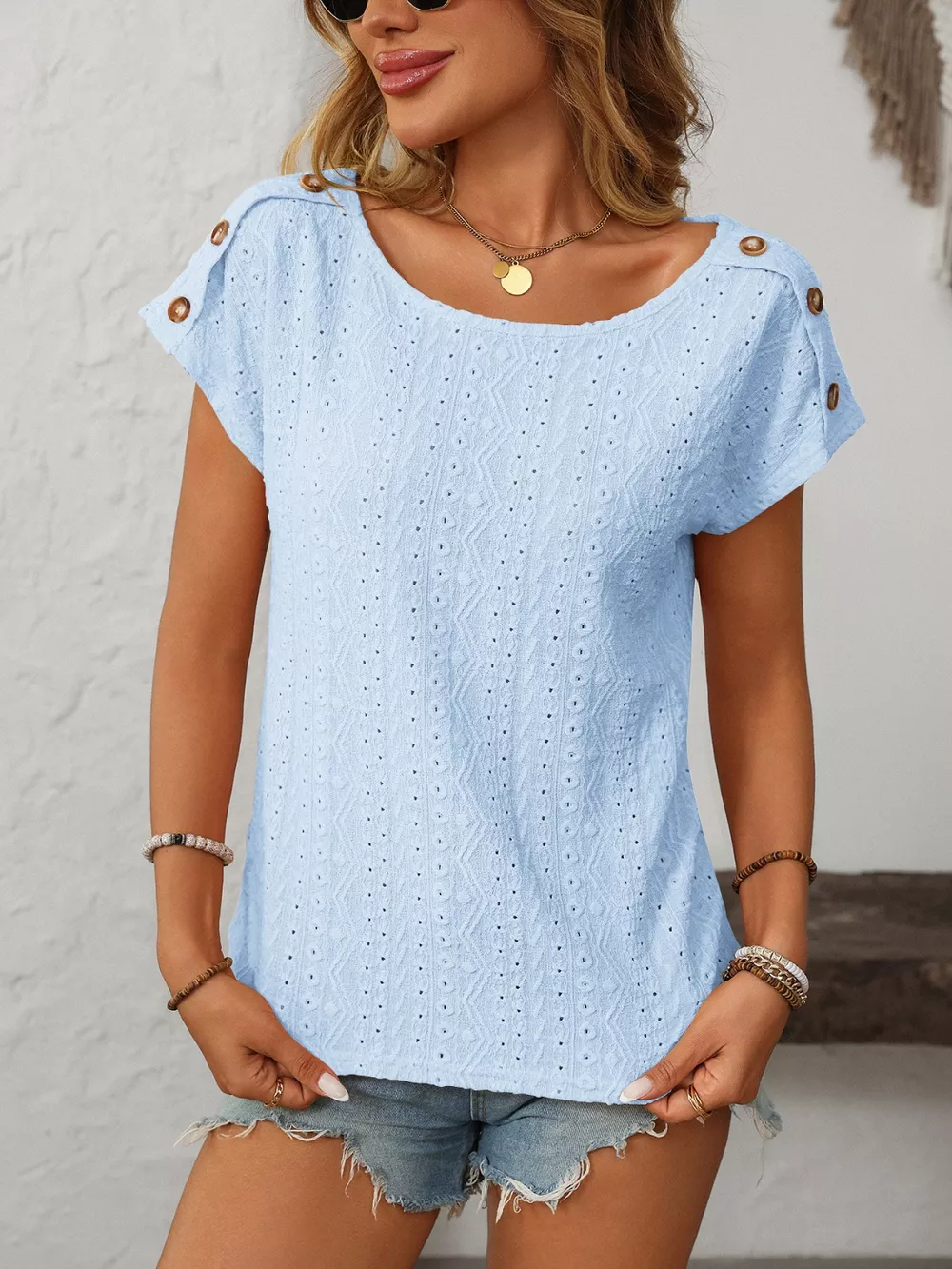 Eyelet Round Neck Short Sleeve Top, image 15