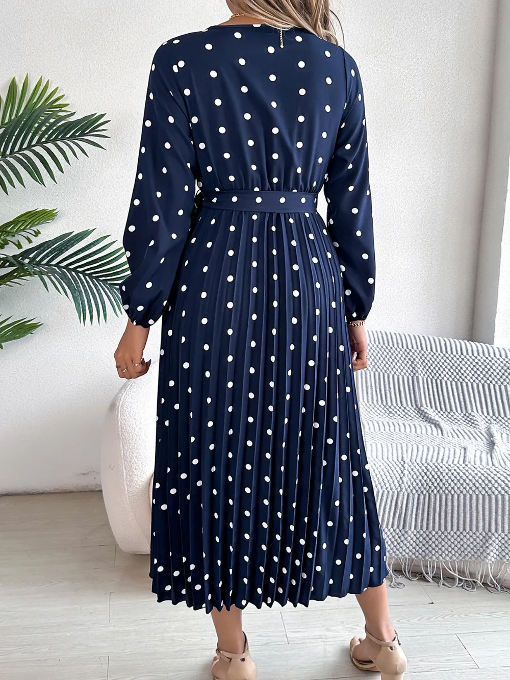 Tied Polka Dot Long Sleeve Midi Dress, image 15