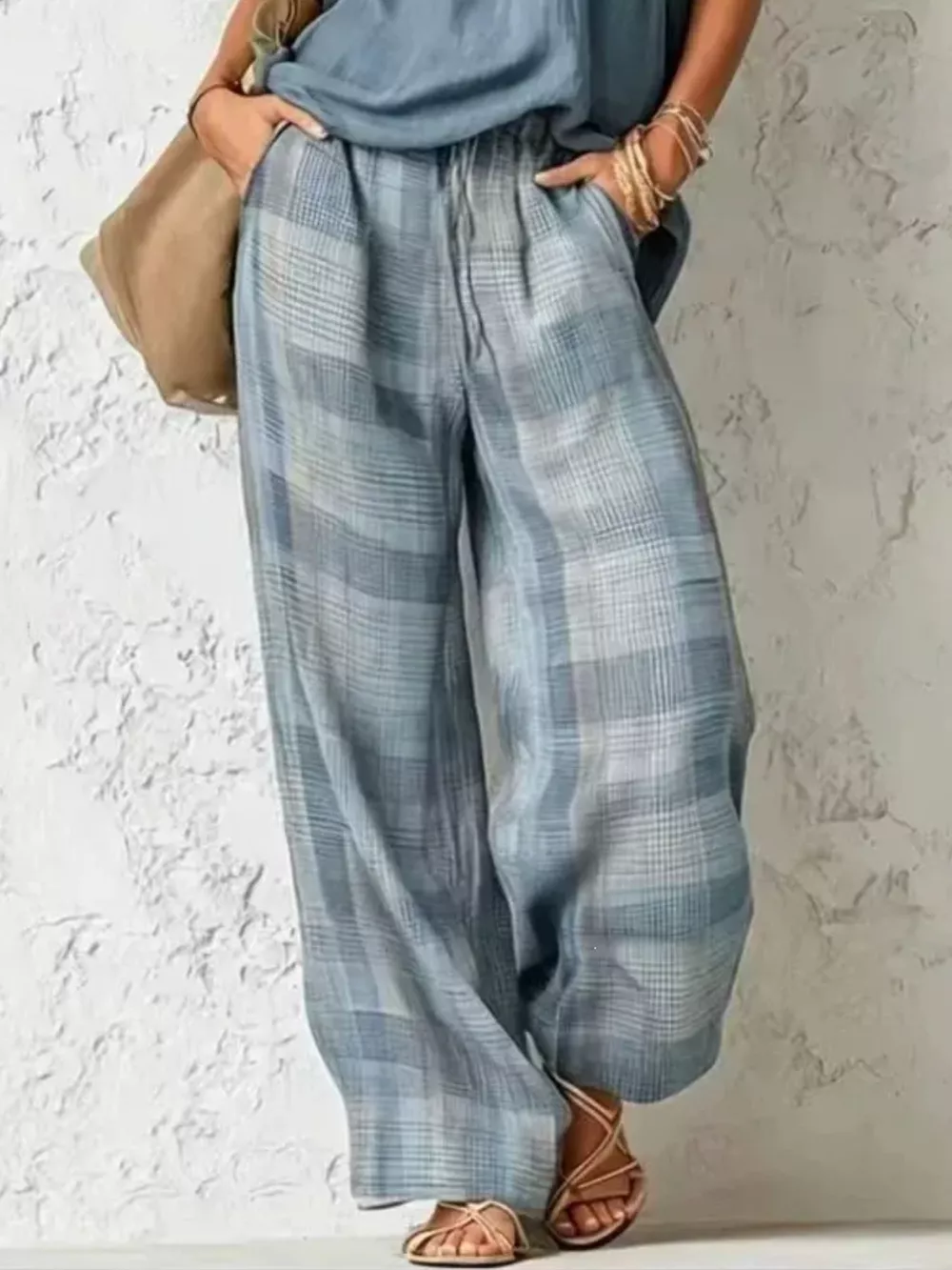 Full Size Sleeveless Cowl Neck Top and Plaid Wide-Leg Pant Two-Piece Set Plus Size, image 15