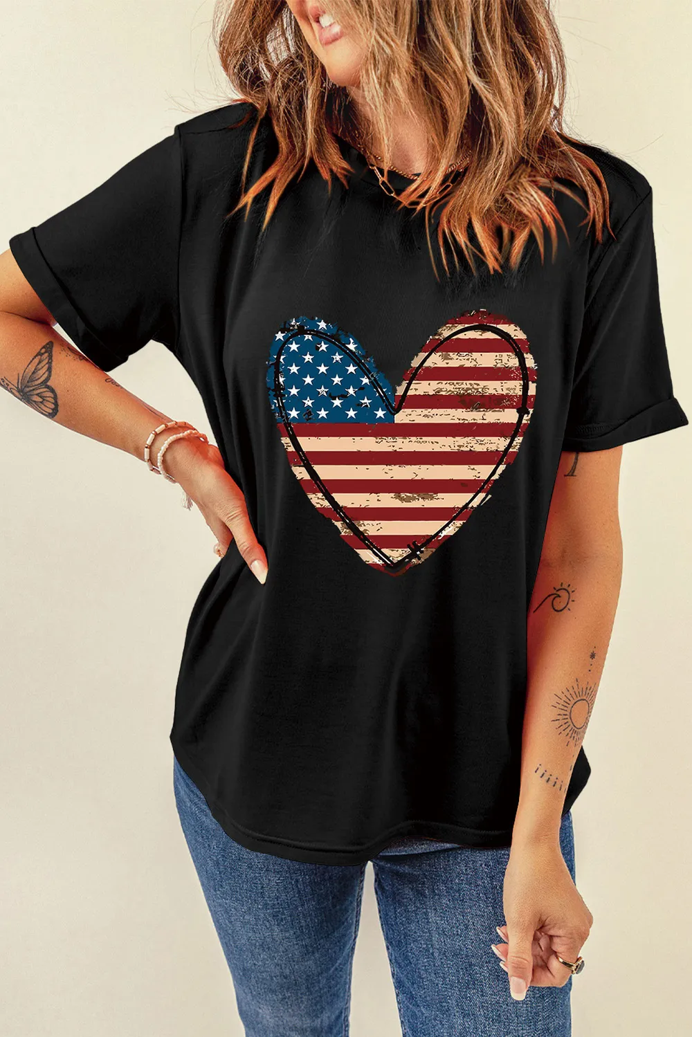 Stars and Stripes Heart Round Neck Short Sleeve T-Shirt, image 2