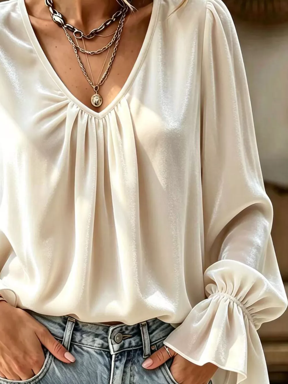 Full Size Ruched V-Neck Flounce Sleeve Blouse Plus Size, image 3