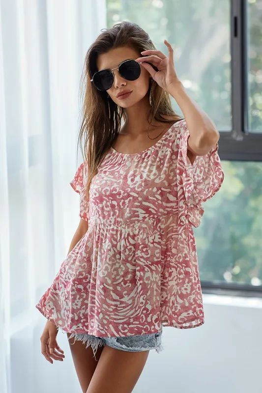 Leopard Print Gauze Woven Flutter Sleeve Blouse, image 3