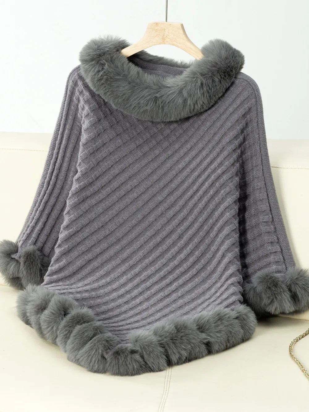 Fuzzy Trim Texture Three-Quarter Sleeve Poncho, image 10