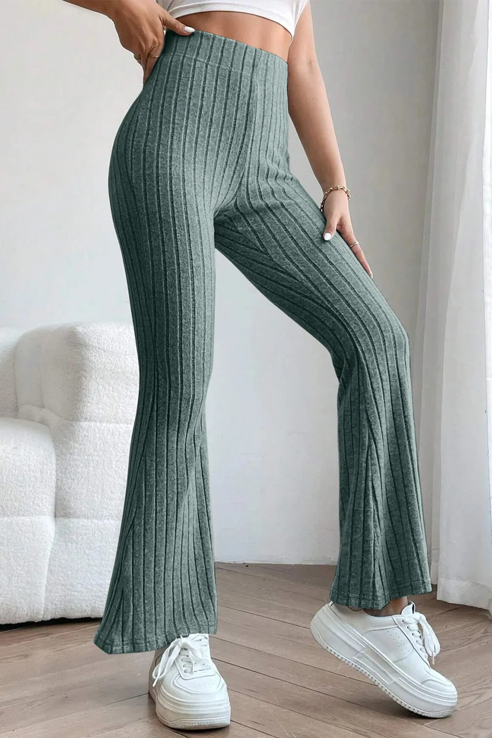 Full Size Ribbed High Waist Flare Pants, image 4