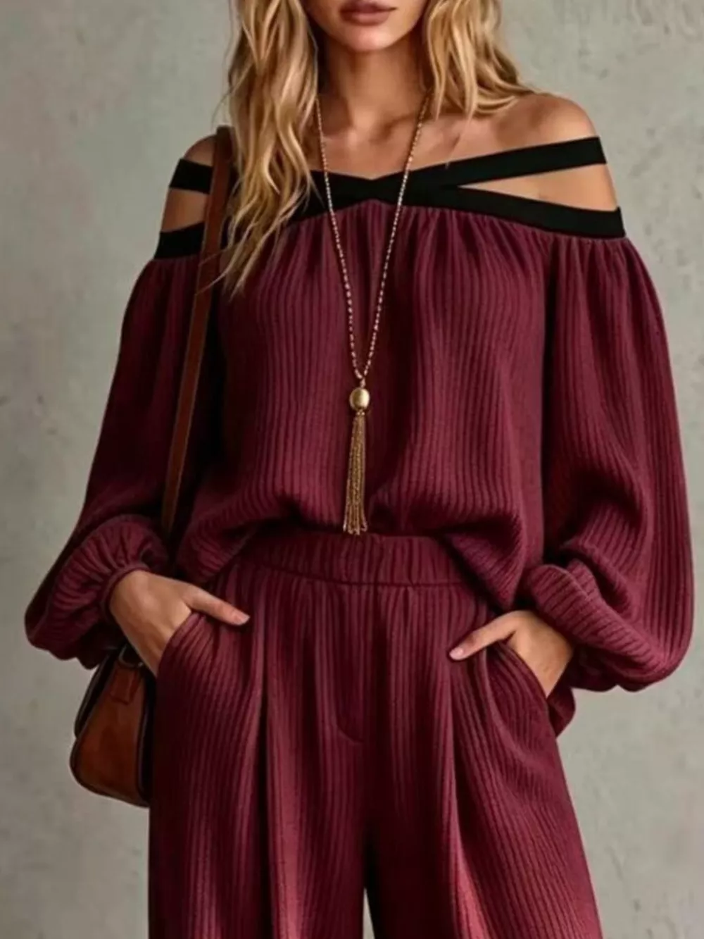 Off-Shoulder Crisscross Cutout Ribbed Knit Top and Wide-Leg Pants Set, image 11