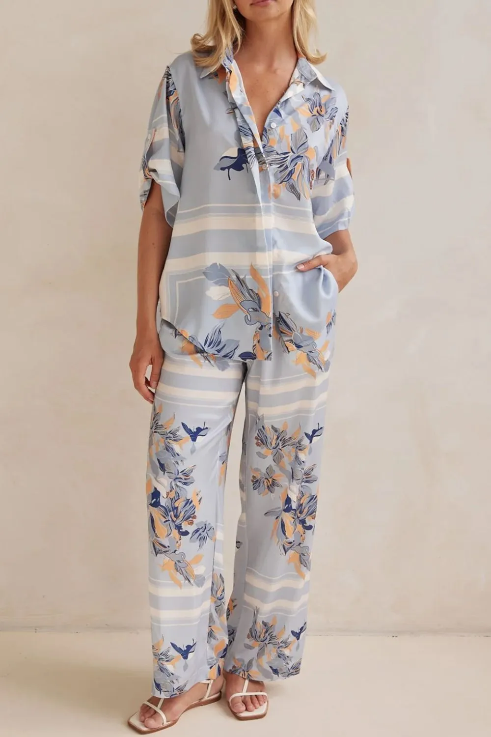 Printed Button Up Shirt and Pants Set, image 2