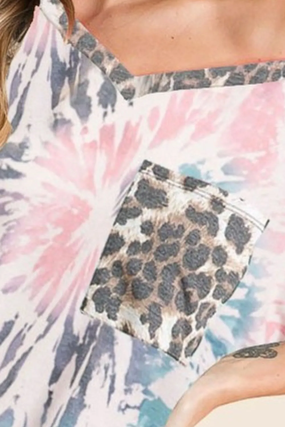 Tie Dye Print V Neck Top with Front Patch Pocket, image 3