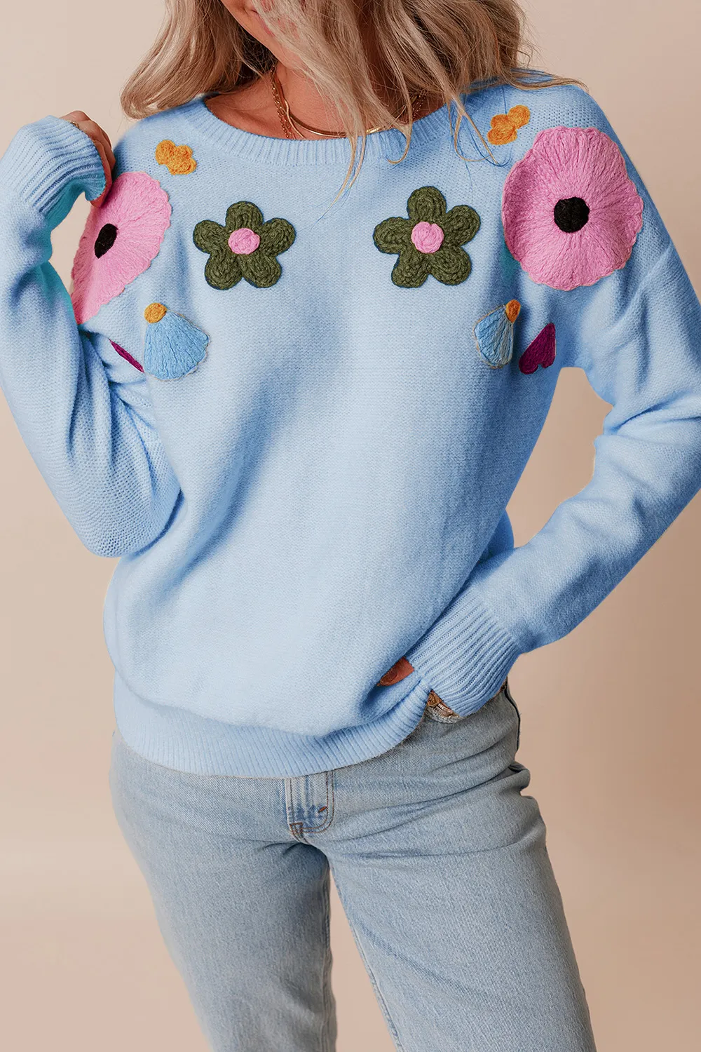 Crochet Flower Round Neck Dropped Shoulder Sweater, image 2