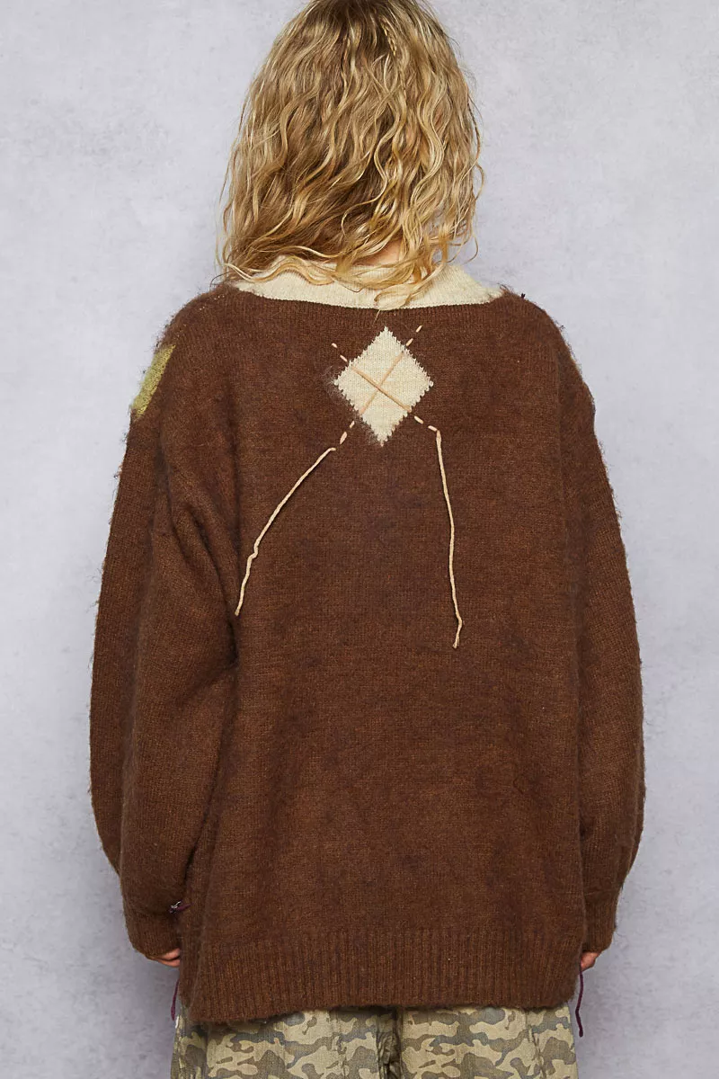 V-Neck Argyle Pattern Mohair Sweater with Contrast Exposed Stitch Detail, image 3