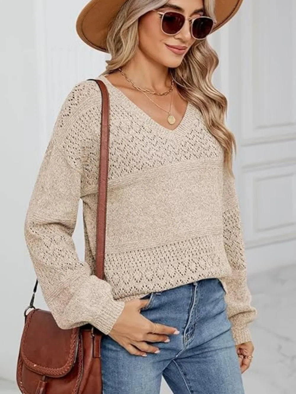 Eyelet V-Neck Long Sleeve Sweater, image 5