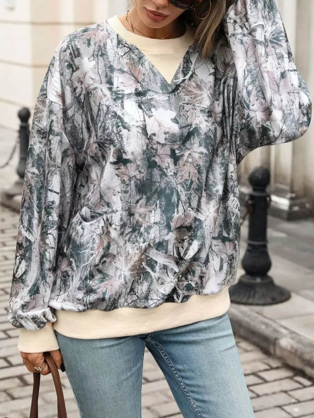Leaf Print Sweatshirt with Contrasting Trim, image 5