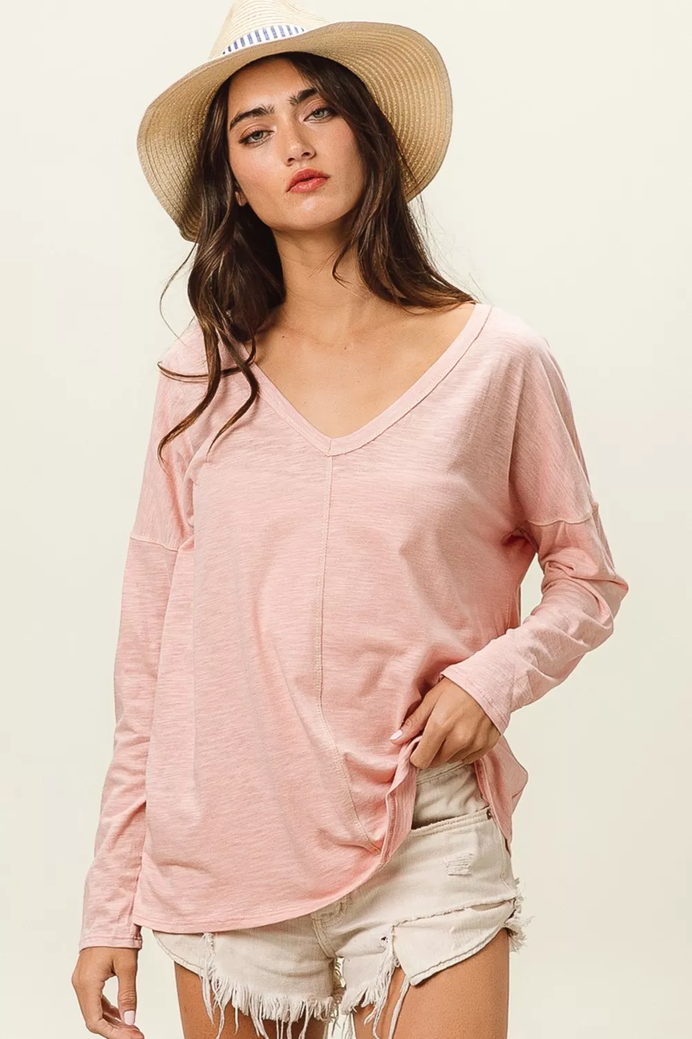 Exposed Seam V-Neck Long Sleeve T-Shirt, image 2