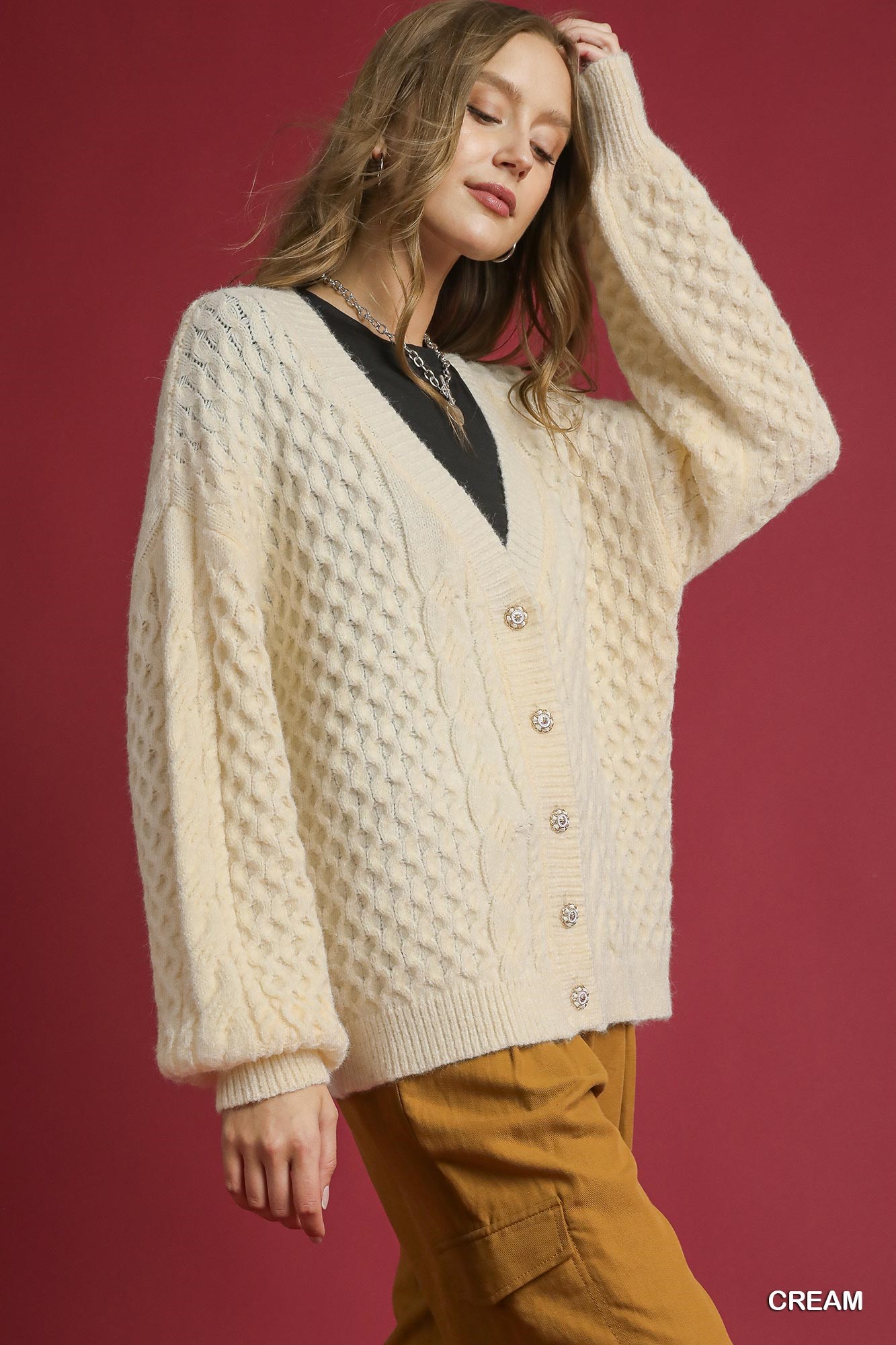 Cable Knit Pearl Button Cardigan, image 3