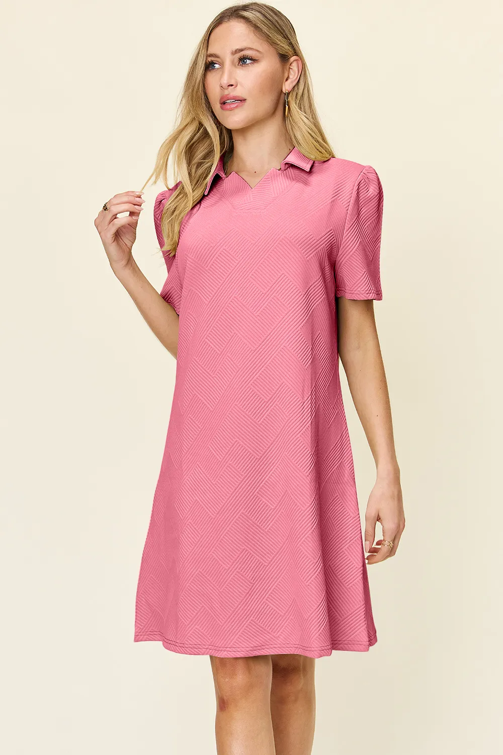 Full Size Texture Collared Neck Short Sleeve Dress, image 3