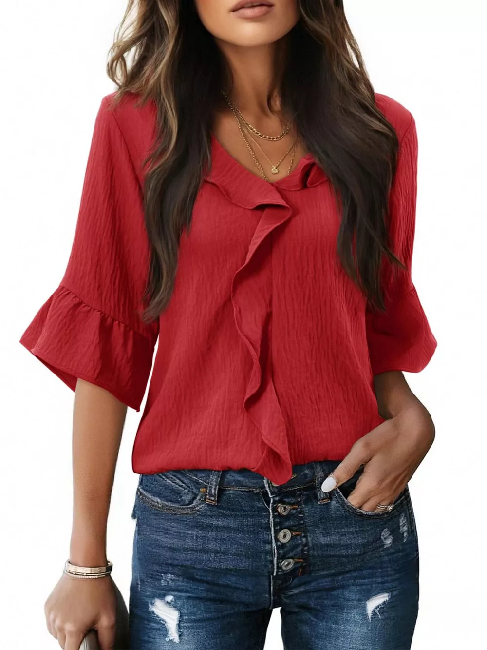 Ruffle Trim V-Neck Blouse, image 11