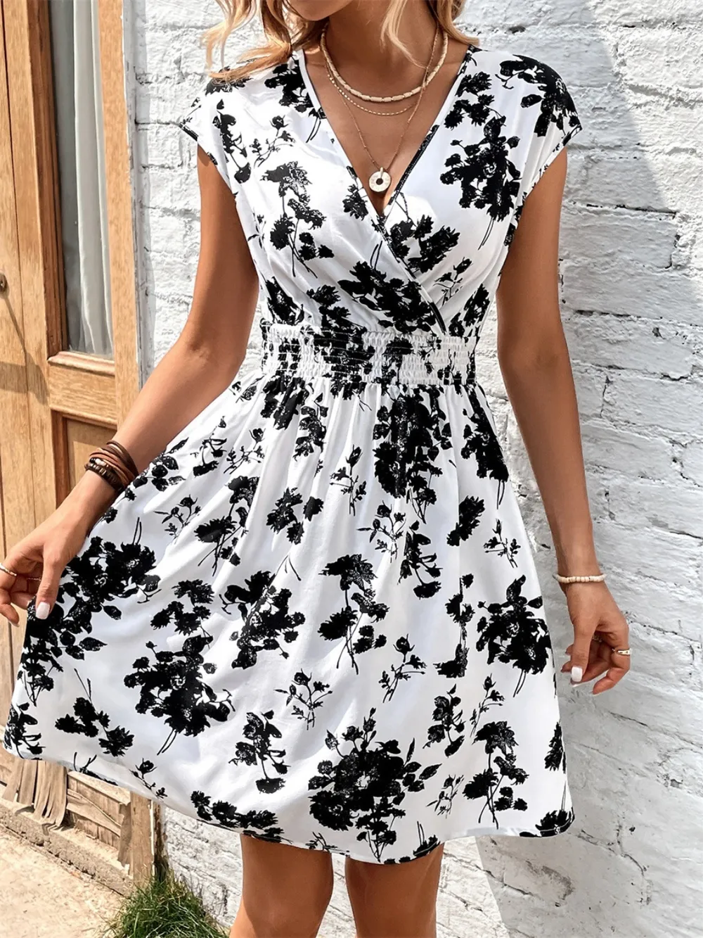 Printed Surplice Cap Sleeve Dress, image 3