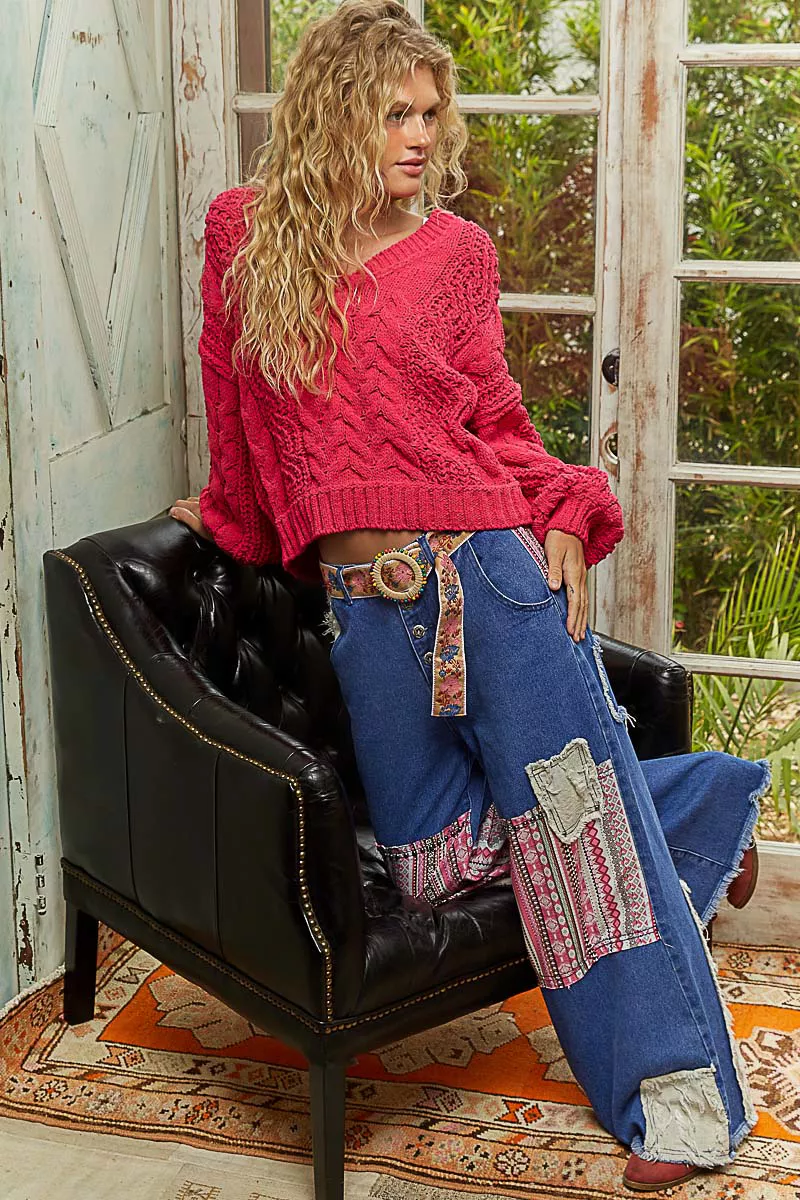 Cable-Knit Solid V-Neck Cropped Sweater, image 6