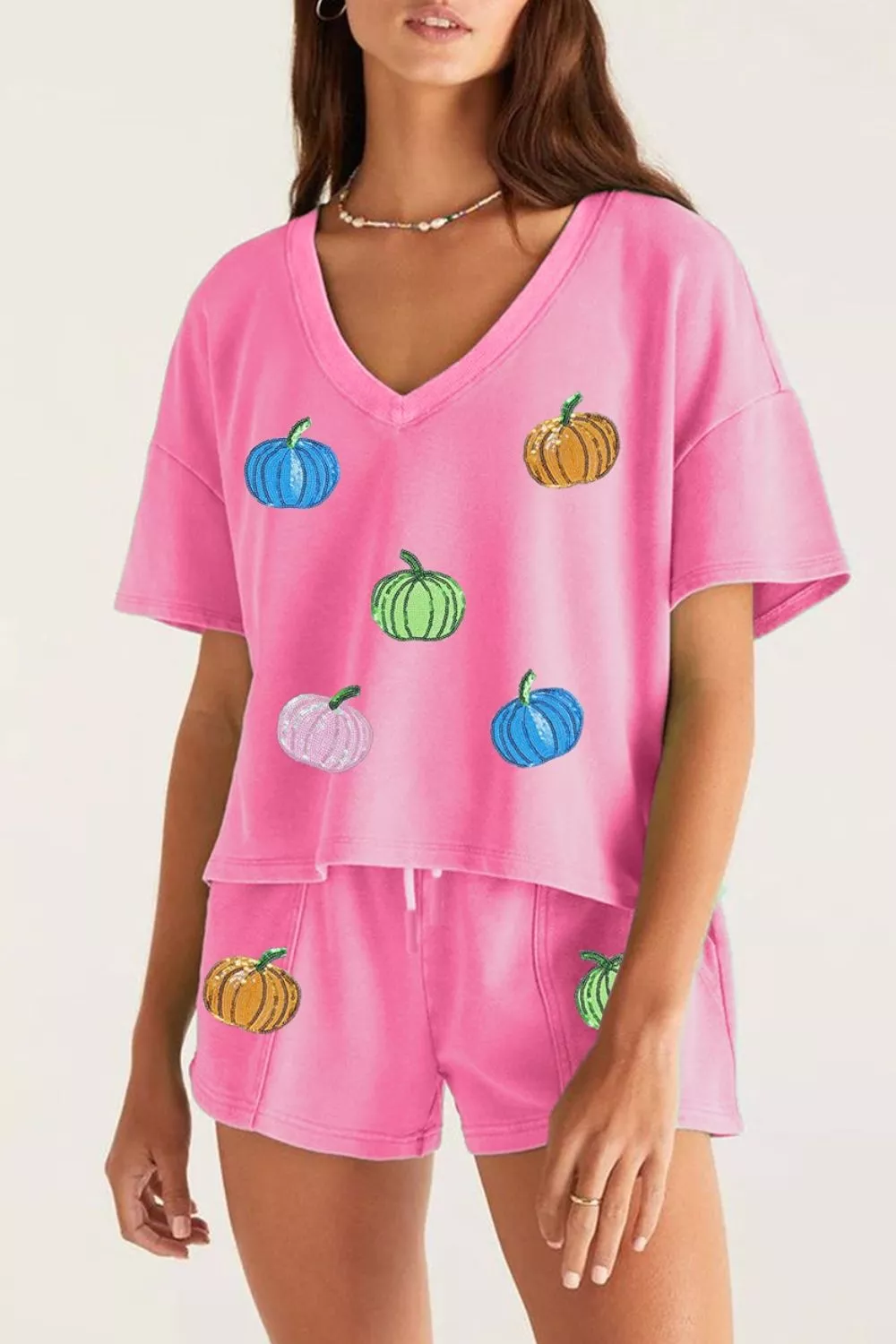 Sequin Halloween Pumpkin Pattern V Neck Tee and Drawstring Bottoms Casual Set