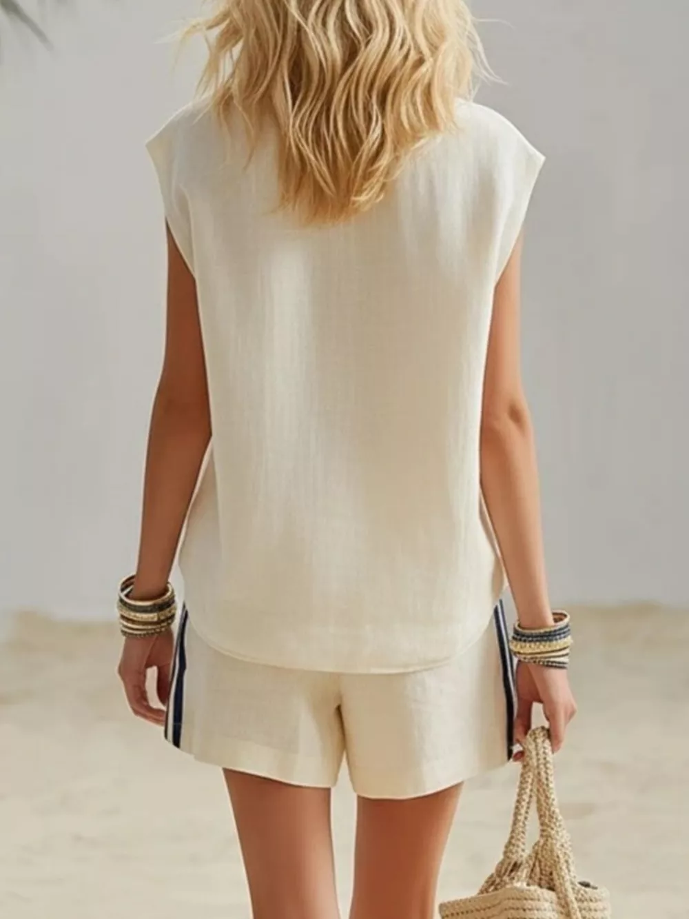 Full Size Zip Front Sleeveless Top and Striped Shorts Set Plus Size, image 3