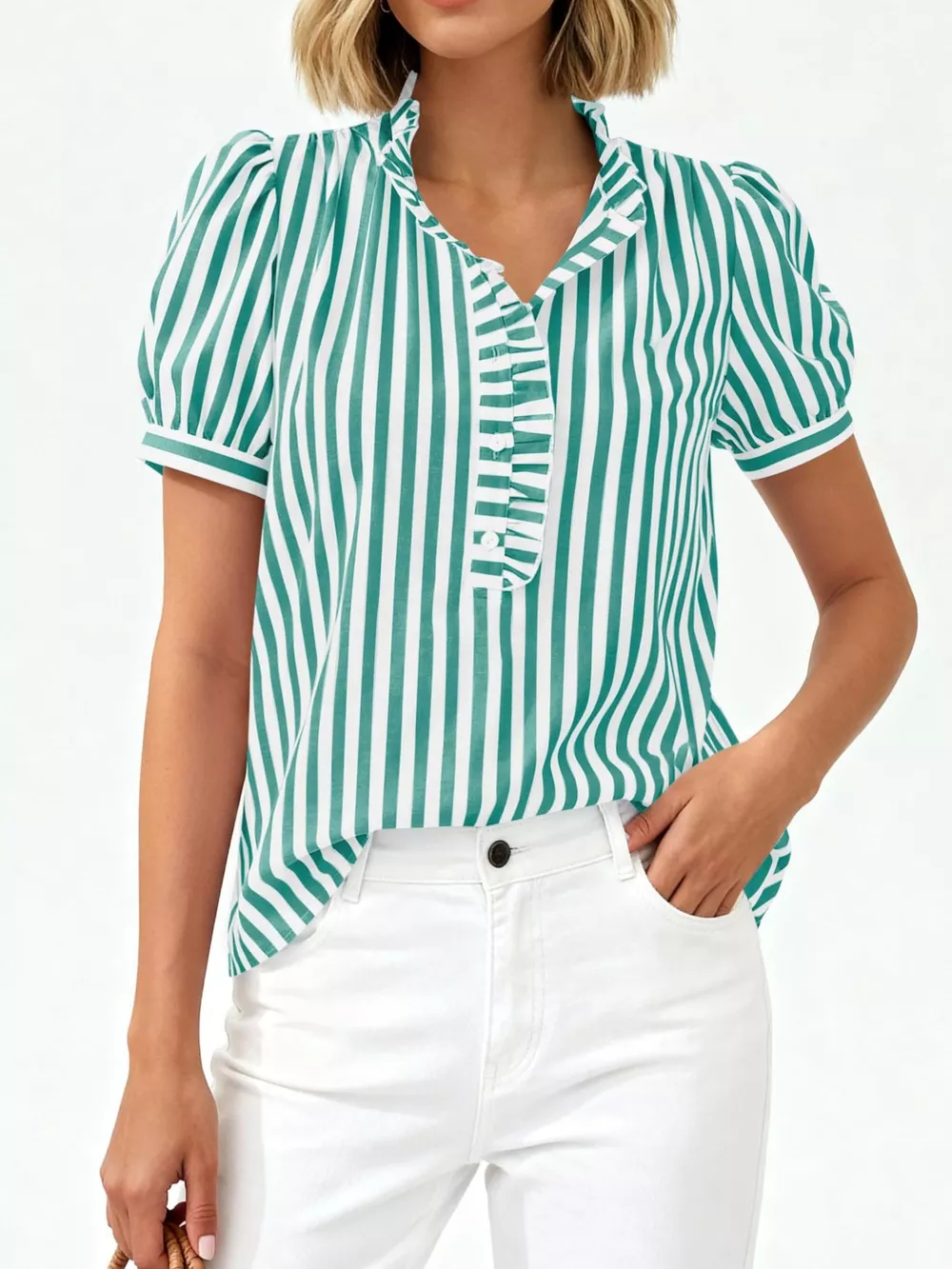 Frill Striped Puff Sleeve Blouse, image 8
