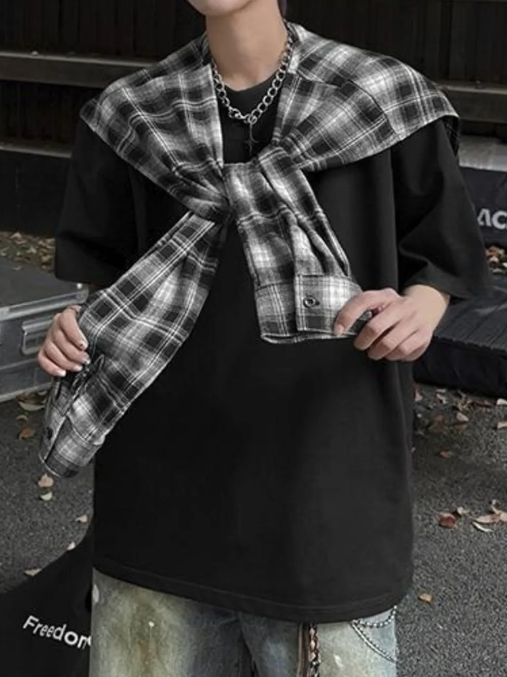 Men's Plus Size Layered Style T-Shirt with Plaid Scarf Detail, image 6