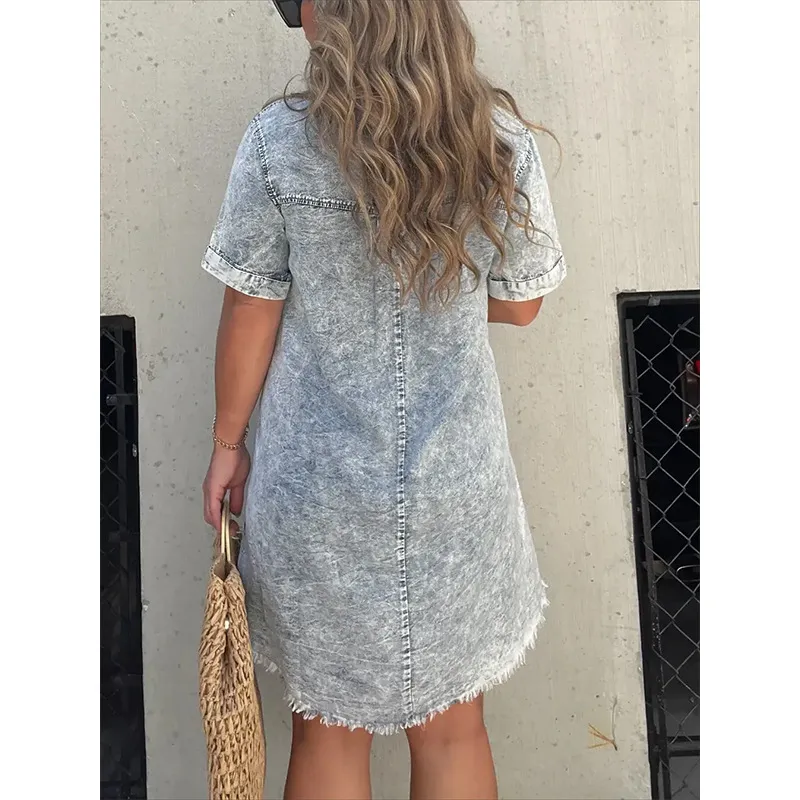 Full Size Raw Hem Short Sleeve Denim Dress Plus Size, image 2