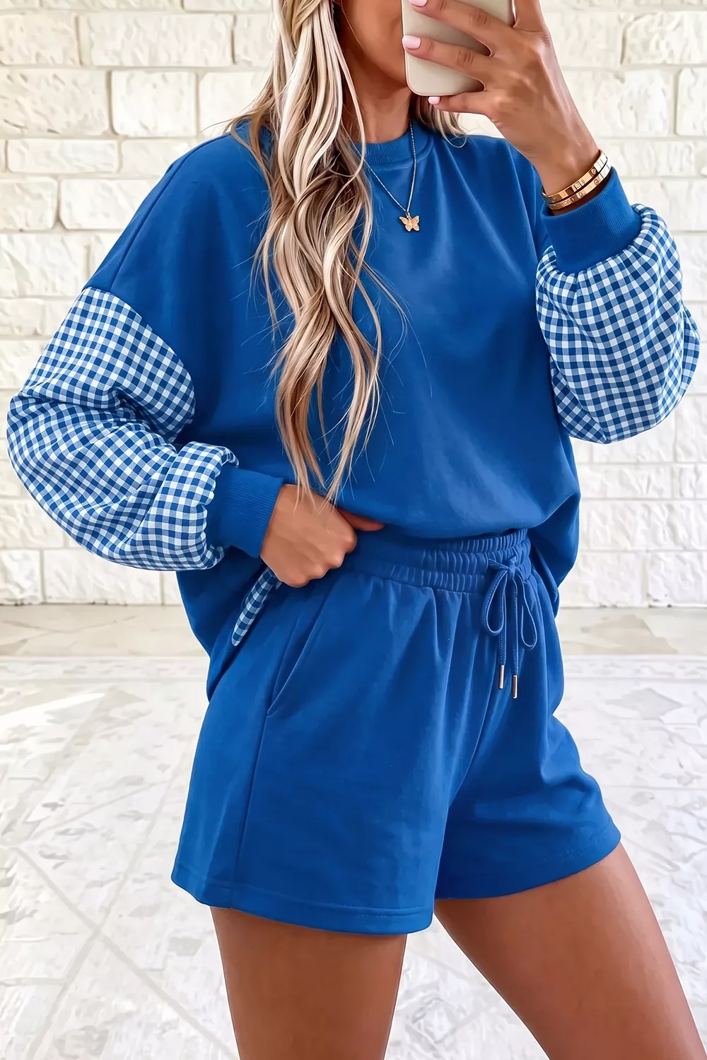 Gingham Patchwork Long Sleeve Sweatshirt and Shorts Set, image 5