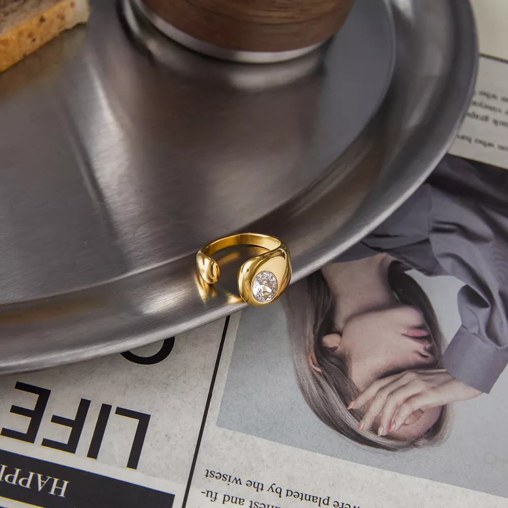 18K Gold-Plated Rhinestone Open Ring, image 2