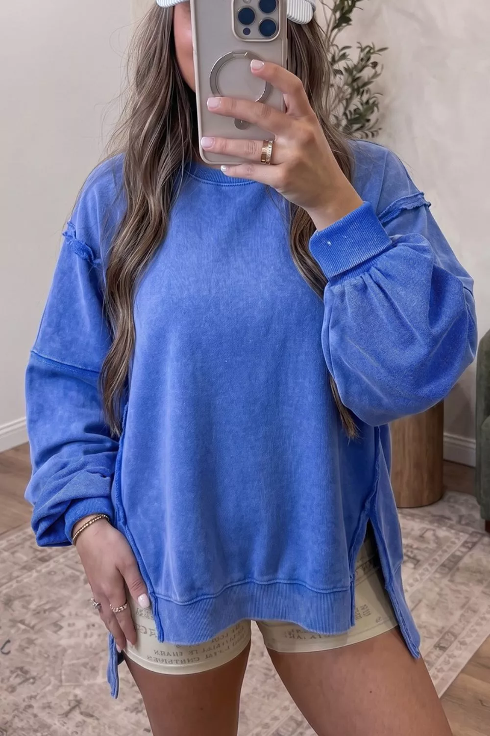 Mineral Wash Split Hem Loose Tunic Sweatshirt, image 2