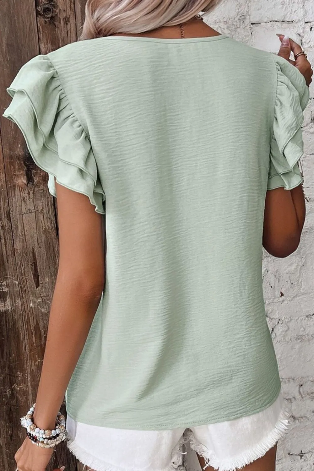 V-Neck Ruffled Cap Sleeve Blouse, image 2