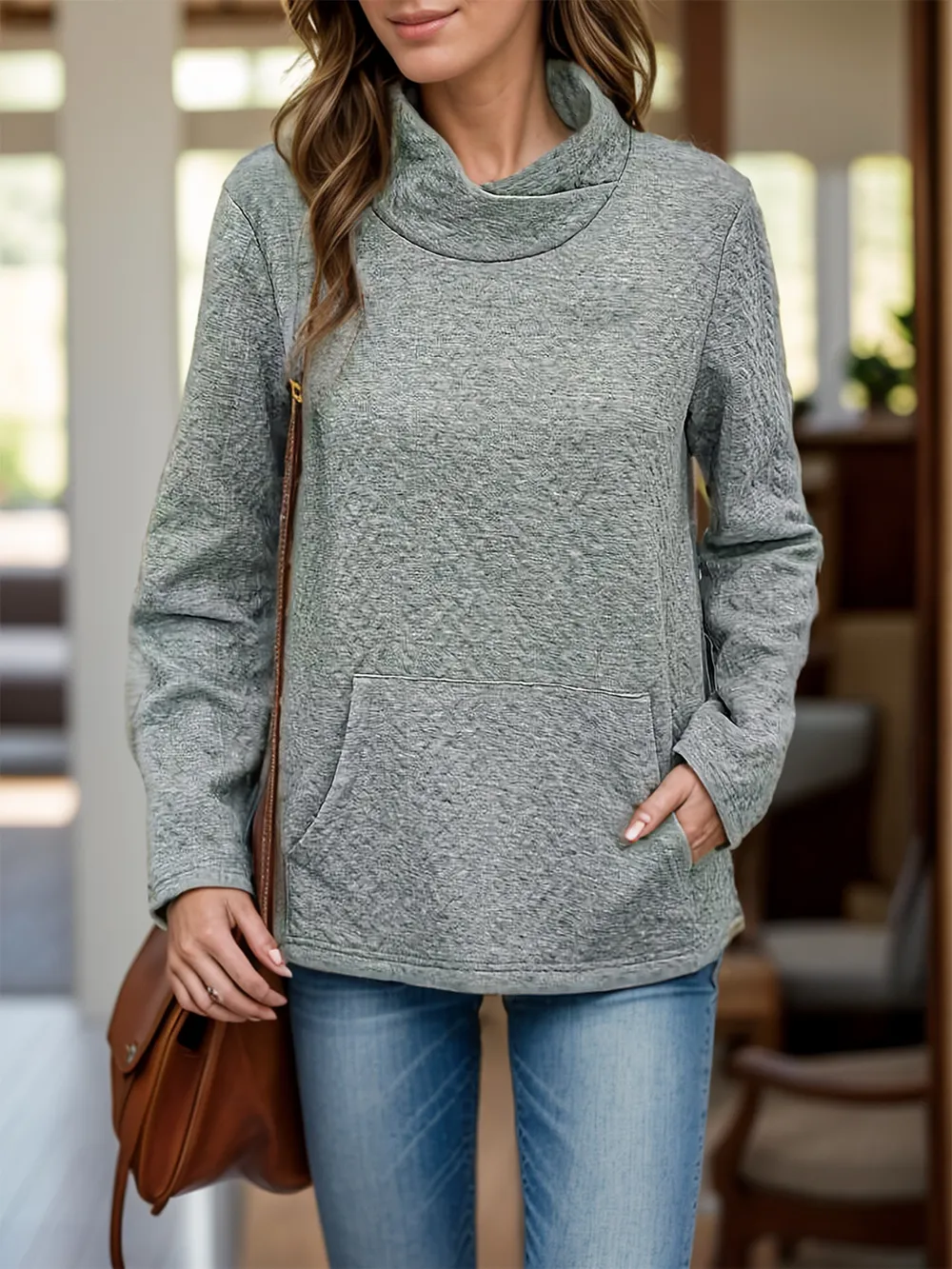 Pocketed Turtleneck Long Sleeve Sweatshirt, image 2