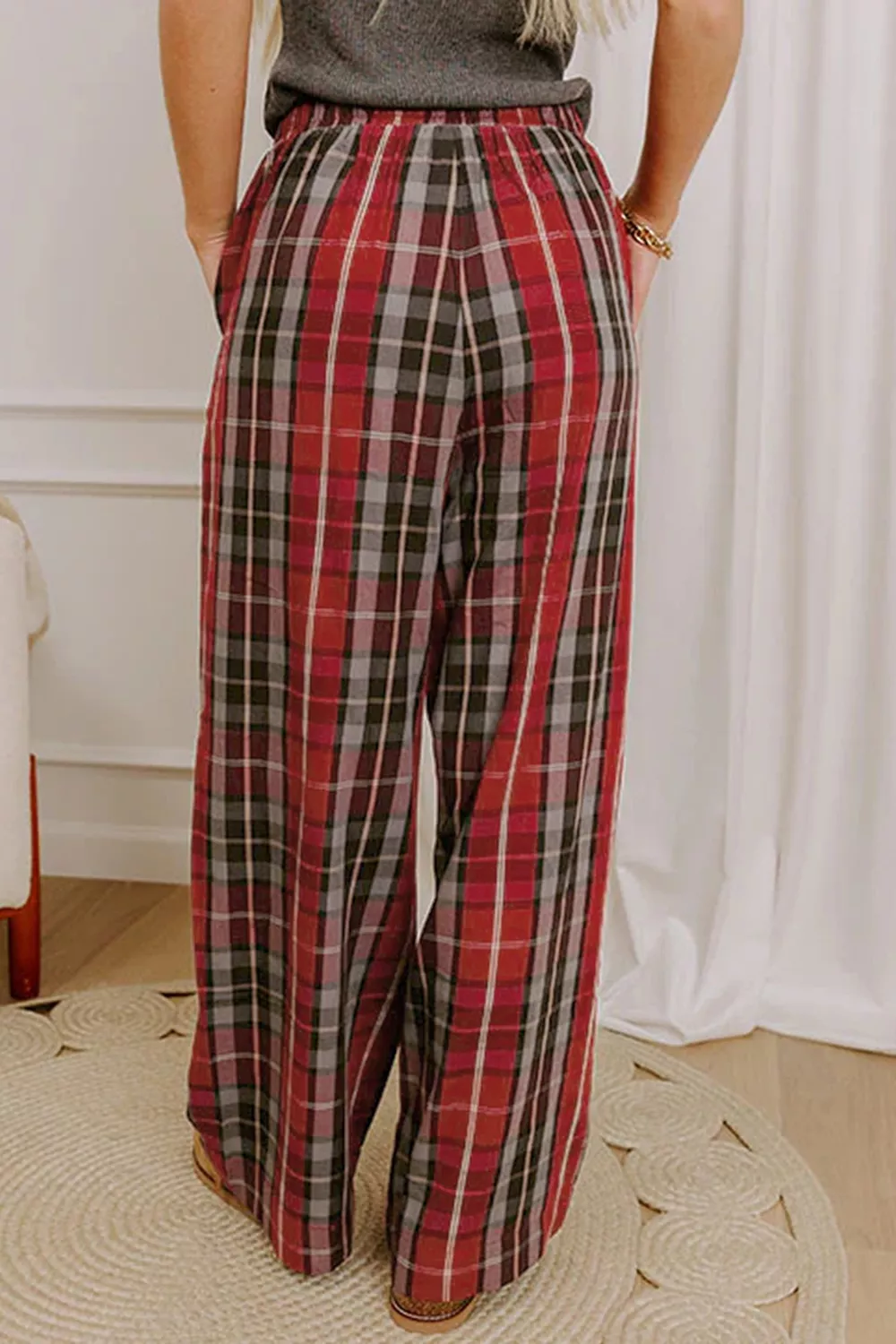 Plaid Elastic Waist Pocket Regular Full-Length Pants, image 5