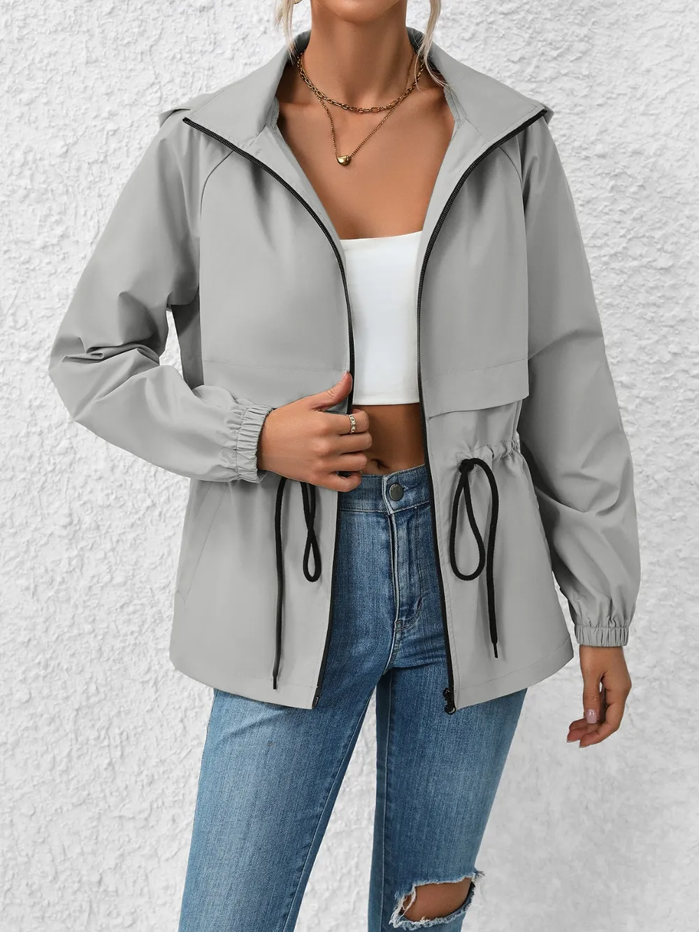 Drawstring Zip Up Hooded Jacket, image 4