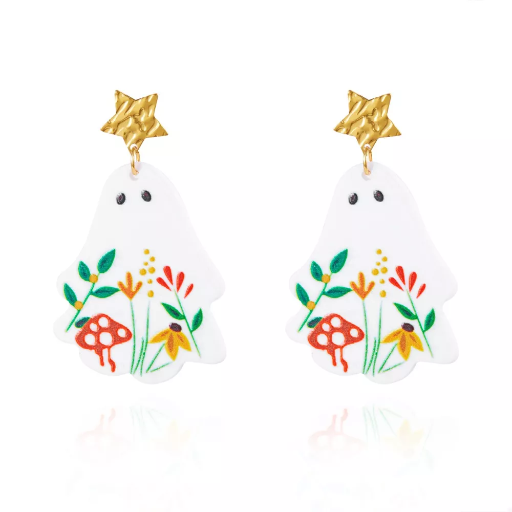 Whimsical Ghost Earrings with Floral Design, image 6