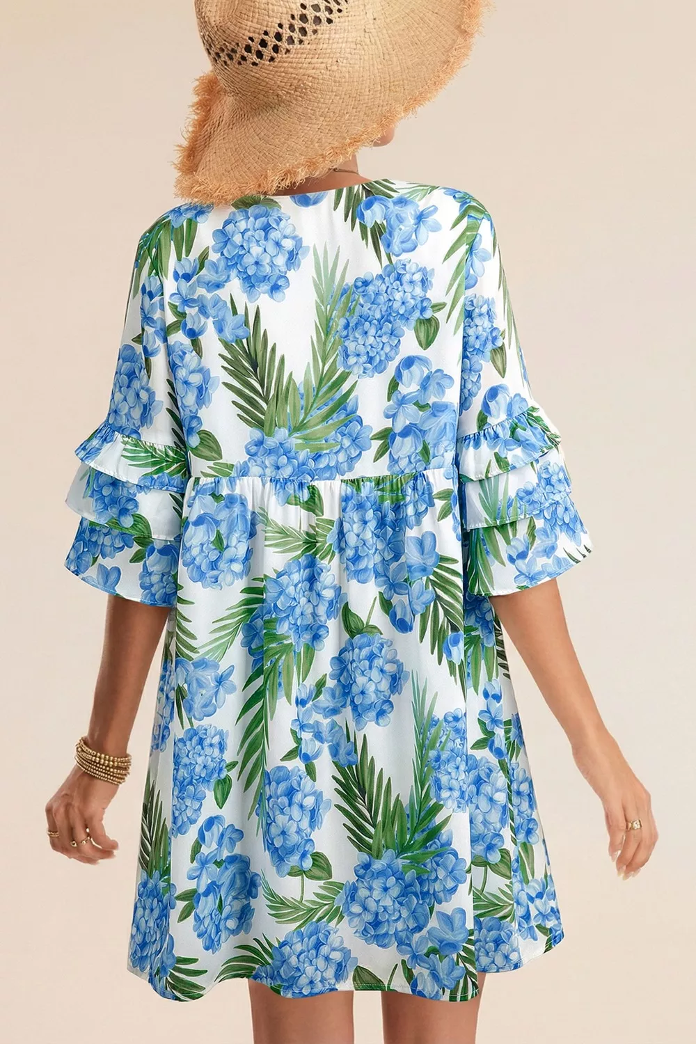 Palm Floral Print Contrast Ribbon Knot Ruffle Tiered Sleeve Mini Dress, image 2
