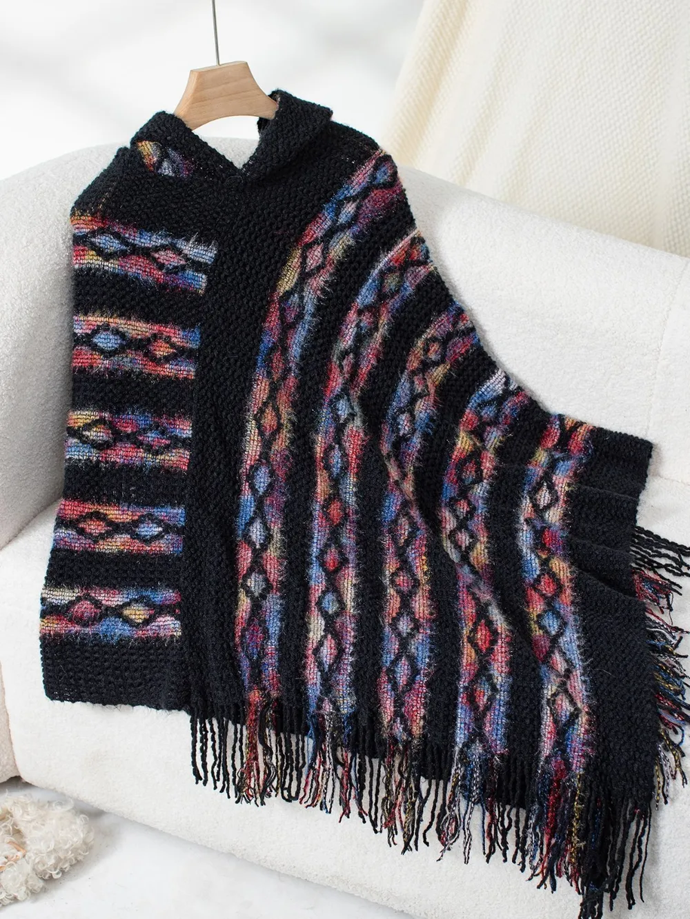 Fringe Contrast Hooded Poncho, image 2