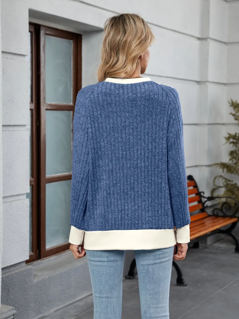 Contrast Trim Round Neck Long Sleeve T-Shirt, image 18
