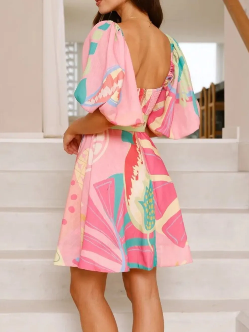 Colorful Print Belted Mini Dress with Puff Sleeves, image 3