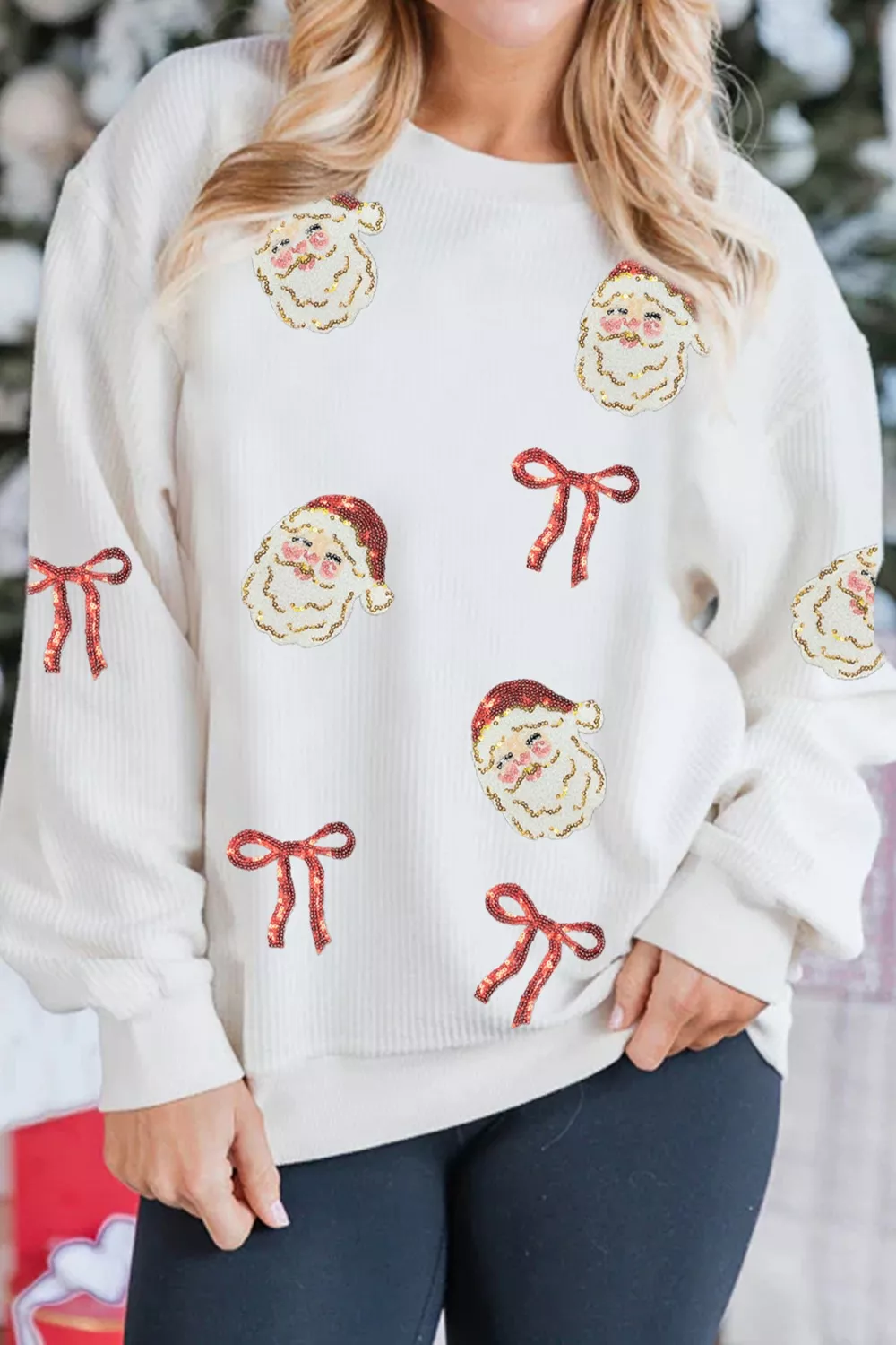 Full Size Corded Rib Sequin Santa Bow Patched Drop Shoulder Sweatshirt Plus Size, image 2