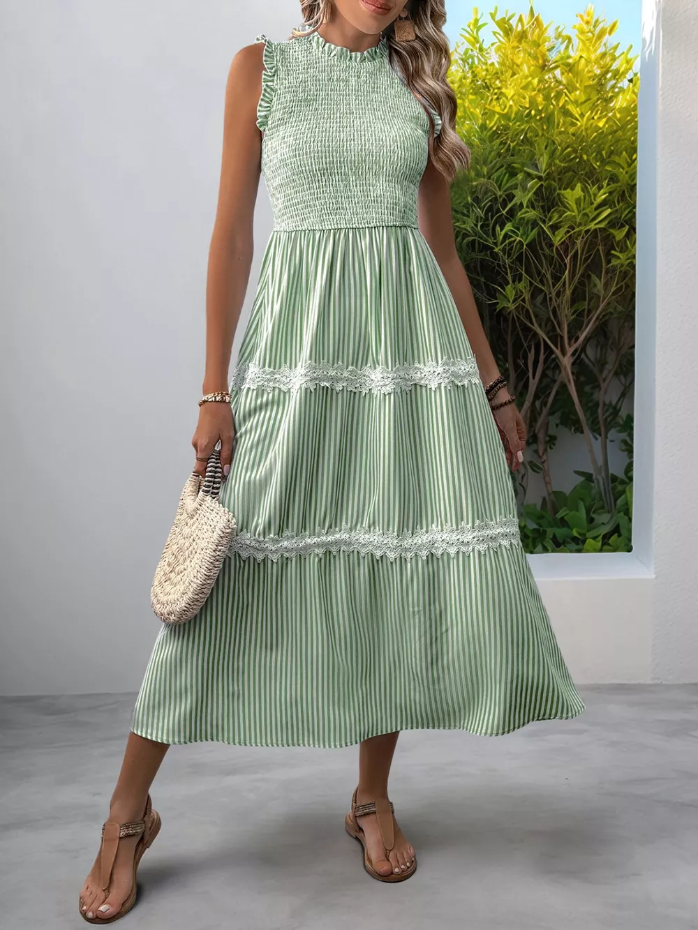 Smocked Striped Lace Trim Sleeveless Midi Dress, image 2