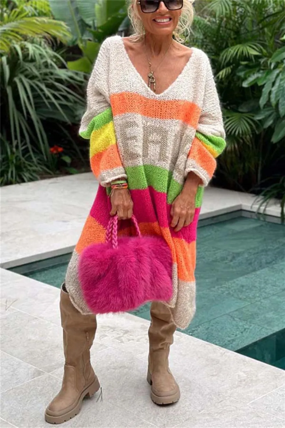 Color Block V-Neck Long Sleeve Sweater Dress, image 4